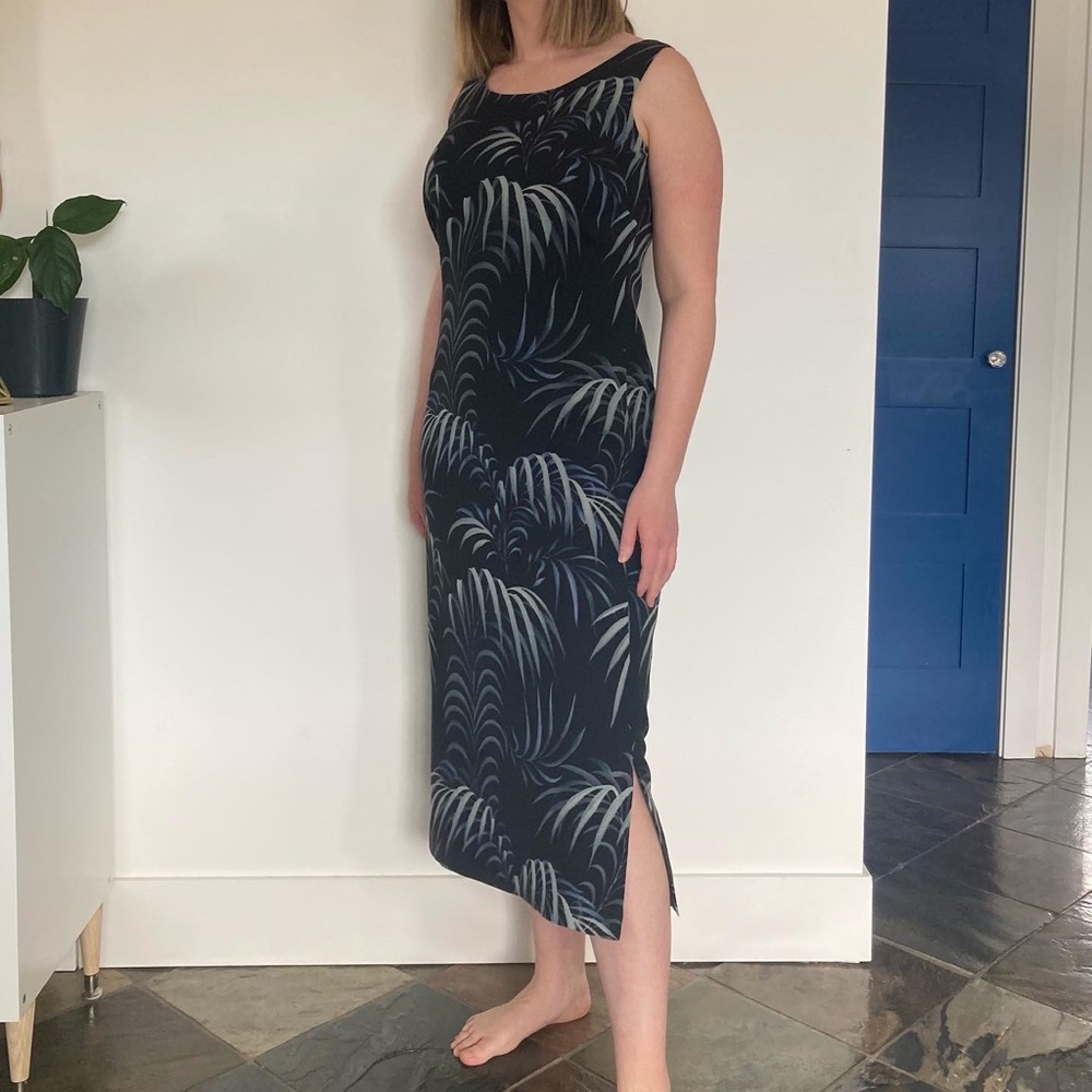 Tommy Bahama Black Maxi Dress with Gray Palm Leaf Print